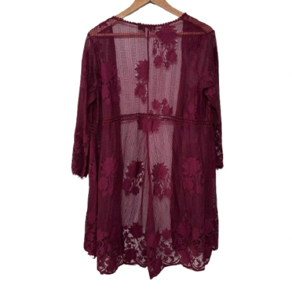 Miss Cheivous Maroon Full Lace Open Front Cardigan Size M